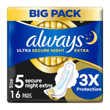 Ultra Sanitary Towels Secure Night Extra (Size 5) Wings 16 Pads