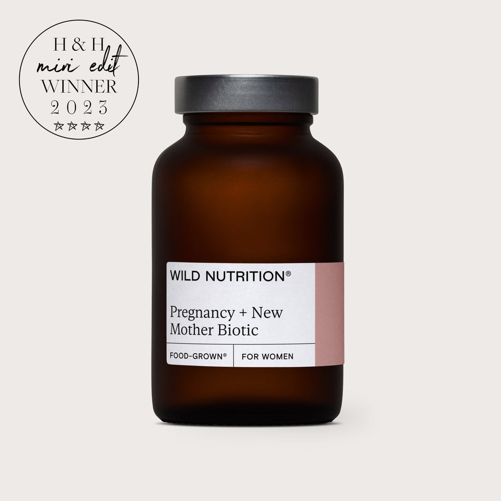 Wild Nutrition Pregnancy + New Mother Biotic, a probiotic blend for mothers, 30 billion CFU for support throughout pregnancy.