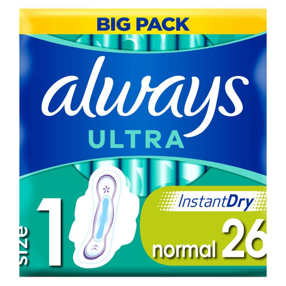 Always Ultra Normal Sanitary Towels Pads With Wings Size 1 Absorbent, Pack  of 26